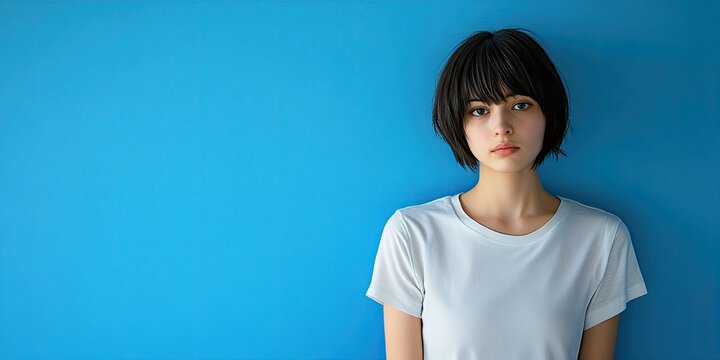 Portrait of a serious young woman with a short bob haircut against a vibrant blue background.