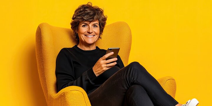 Happy smiling woman with short hair using smartphone in yellow armchair.