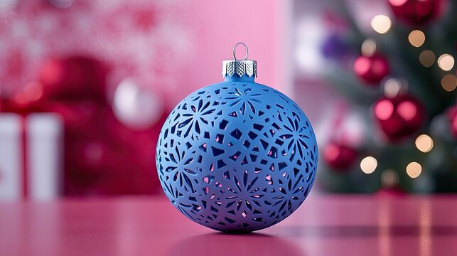 Blue intricate Christmas bauble on a pink table with a blurred festive tree in the background.