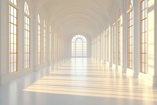 Bright sunlit hallway with long shadows from arched windows.