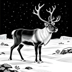 Reindeer standing proudly under a starry night sky in a snowy landscape