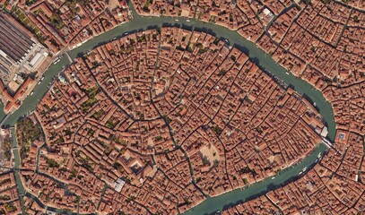 Venice, Italy: High-Resolution Aerial View of the Iconic Water City and Canal Network
