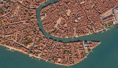 Venice, Italy: High-Resolution Aerial View of the Iconic Water City and Canal Network