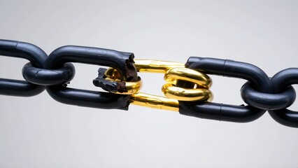 A broken black chain is held together by a gleaming golden link, symbolizing resilience and strength in adversity.