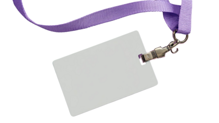 blank id badge with purple ribbon isolated on white background