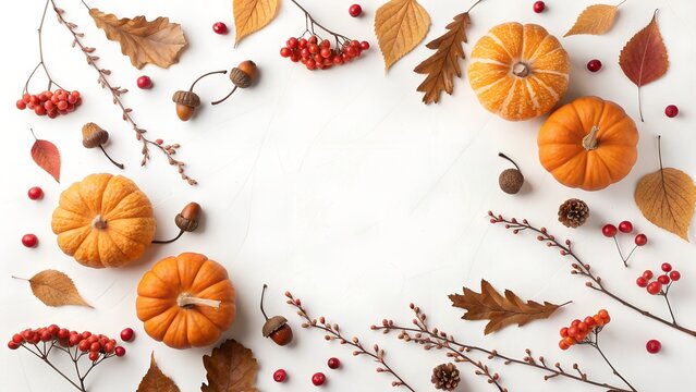 Autumn harvest frame with mini pumpkins berries acorns and dry leaves on white background