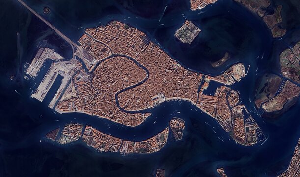 Venice, Italy: High-Resolution Aerial View of the Iconic Water City and Canal Network