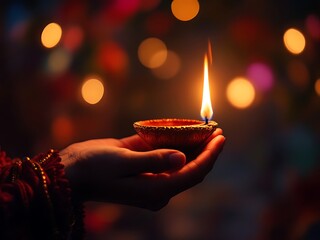 Close-up of hands holding a traditional Diwali oil lamp with bright flame in the dark, symbolizing light, spirituality, and cultural celebration