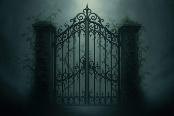 Naklejka na ściany i meble Mysterious gate in foggy forest