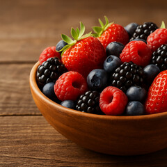 Close-up of fresh mixed berries in a wooden bowl on rustic wooden table, including strawberries, raspberries, blueberries, and blackberries