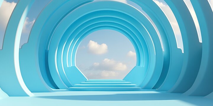 Abstract futuristic blue circular tunnel leading to a cloudy sky.