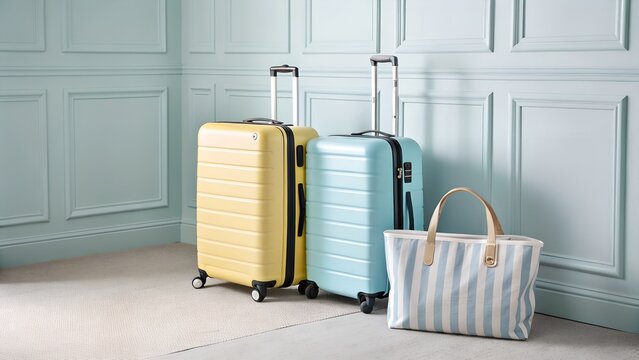 Stylish pastel colored luggage and a striped tote bag ready for travel and vacation adventures
