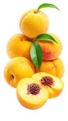 Stacked peaches, some halved, with leaves