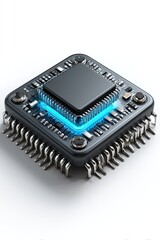 Electronic chip with many pins and bright blue glow