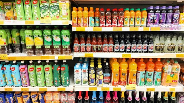 Malaysia Kuala Terengganu, 4 August 2025 : Assortment a Sunquick cordial bottle's displayed for sell at supermarket shelves with selective focus. 