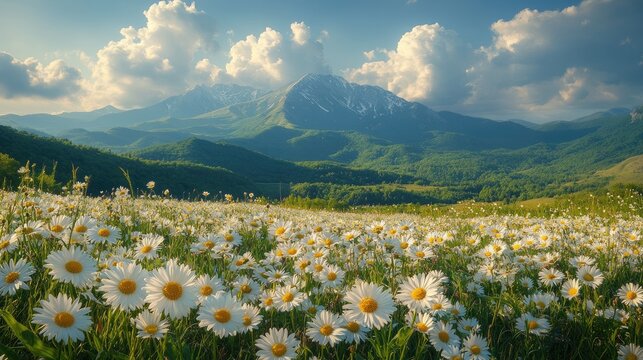 Idyllic summer meadow of white daisies with majestic mountains under a cloudy sky.