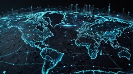 Futuristic Digital World Map with Connections and Networks in Blue Light Exploring Global Technology and Data Visualization