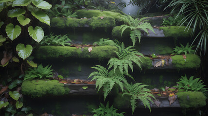 Lush Green Moss Covered Steps with Ferns and Tropical Foliage, Creating a Serene and Natural Scene in a Tranquil Garden Setting