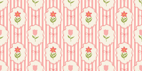 Stripes seamless pattern with hand drawn flower in ribbon frame with bow. floral elegant background. Perfect for decor, fabric, textile, wallpaper