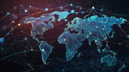 High-tech digital world map with glowing connections representing global communication and data exchange in network technology