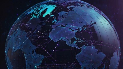 Futuristic Global Network with Glowing Connections Over Dark Background in 3D Earth Representation