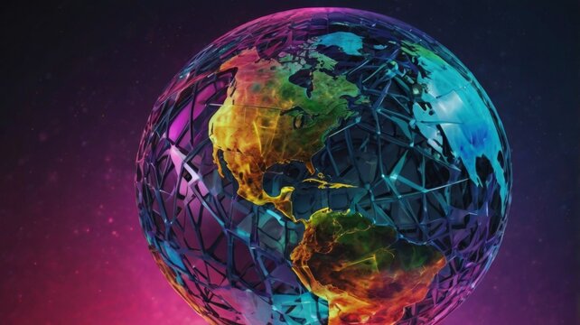Colorful Abstract Globe with 3D Wireframe Design and Vibrant Light Effects Against a Dark Background - Powered by Adobe