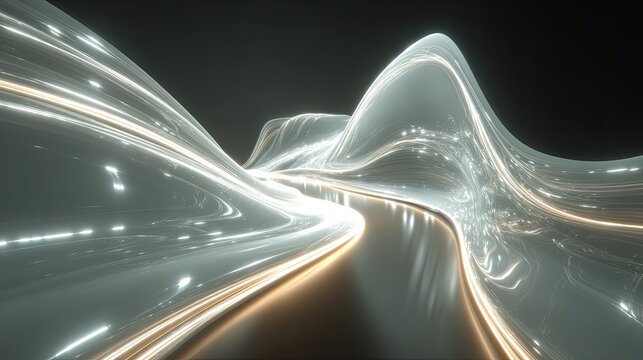 Luminous, flowing waves of white and gold in a black void