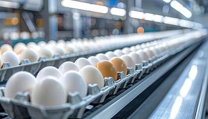 Automated Egg Grading System with White and Brown Eggs on Conveyor Belt in Factory Setting