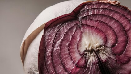 Macro close up of a sliced red onion showing intricate layers.