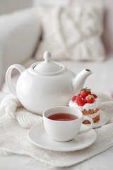 Fototapeta premium White teapot and teacup with dessert on cozy light background