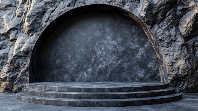Three-Step Stone Pedestal in a Rough Textured Cave.