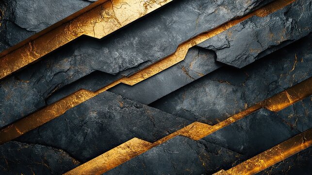 Elegant abstract background of dark gray stone and golden metallic layers.