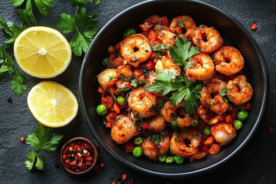 Savory cooked shrimp with green peas and fresh parsley in a dark bowl.
