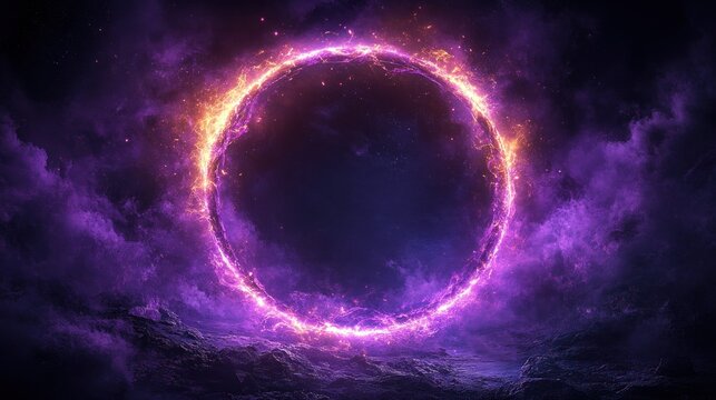 Mystical cosmic portal glowing with purple and pink energy.