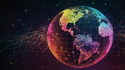 Naklejka premium Vibrant Digital Globe with Network Connections and Colorful Earth Map for Science and Technology Concepts