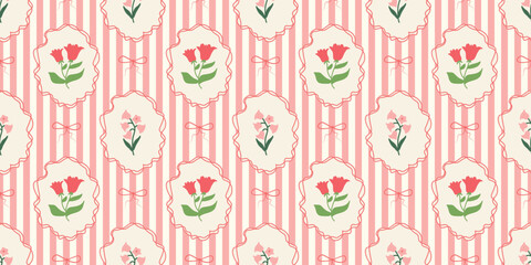 Stripes seamless pattern with hand drawn flower in ribbon frame with bow. floral elegant background. Perfect for decor, fabric, textile, wallpaper