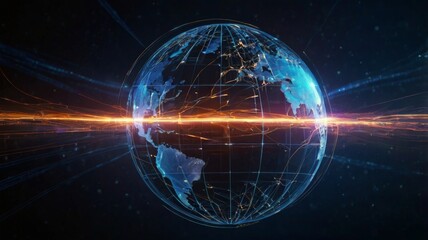 Obraz premium Stunning 3D Visualization of Earth Surrounded by Futuristic Data Network and Bright Energy Lines in Deep Space Environment