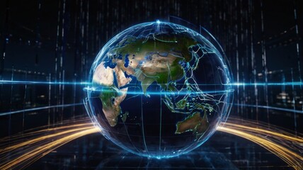 Futuristic 3D Earth Globe Surrounded by Abstract Data Streams and Light Effects Depicting Global Connectivity and Technology