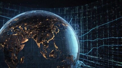 Obraz premium Global Network Visualization of Earth with Data Streams and Lights Emanating from Cities in a Futuristic Design