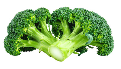 Fresh broccoli florets, vibrant green.  Close-up view of two heads of broccoli, connected stems visible.  Bright, healthy produce