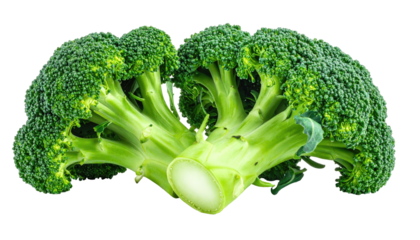 Fresh broccoli florets, vibrant green.  Close-up view of two heads of broccoli, connected stems visible.  Bright, healthy produce