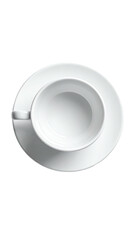 High-angle, top-view of an empty white teacup and saucer.  The cup and saucer are round and simple, with a slightly flared lip and a handle.  