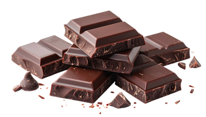 Dark chocolate bars stacked, scattered pieces