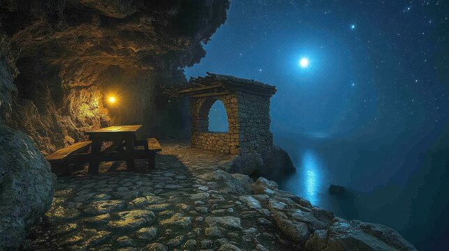 Enchanted seaside grotto with a glowing lamp under the full moon and stars.
