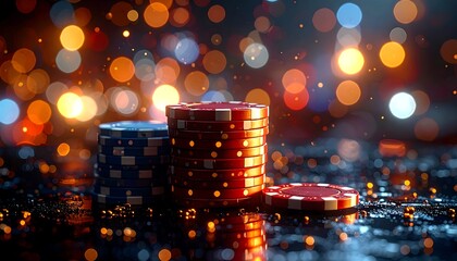 Casino Chips Stacked on a Reflective Surface with Bokeh Lights.
