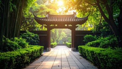 Obraz premium Asian Garden Gate Surrounded by Green Bushes Under Bright Sunlight in Chengdu
