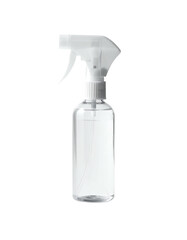 Clear plastic spray bottle.  Small, cylindrical, and transparent.  White spray nozzle.  Simple design
