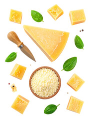 Hard cheese pieces, grated cheese, basil leaves, and cheese knife.  