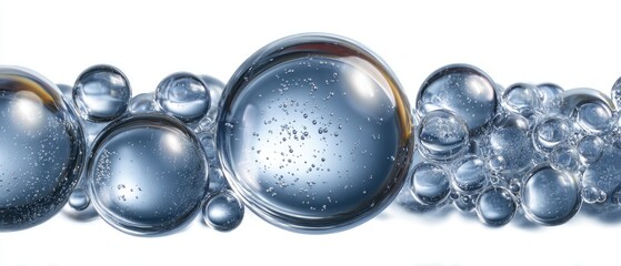 Glossy, clear bubbles of varied size on a white background
