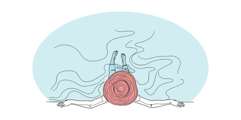 Minimal line art and flat color illustration of a woman wearing a wide-brimmed hat relaxing by the poolside. Top view design representing summer vacation, leisure, travel, and relaxation lifestyle.